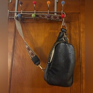 Unbranded Crossbody Bag, Black Pleather and Bohemian Patterned Strap